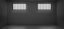 Prison Cell With Barred Windows, Empty Jail Interior With Grey Concrete Walls And Sun Rays Falling On Floor. Cage For Criminals And Prisoners Incarceration Punishment. Realistic 3d Vector Illustration