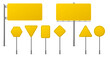 © klyaksun - Highway yellow road signs, blank signage boards on steel poles pointing city traffic direction, empty round, rectangular, hexagon panels isolated on white background, Realistic 3d vector illustration