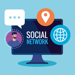 Sticker - social network, man connected in computer, communication and global concept