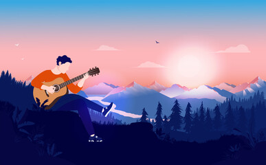 Acoustic guitar player in wilderness - Young man playing guitar on hill at sunset. Nature, forest mountain and sky in background. Vector illustration.