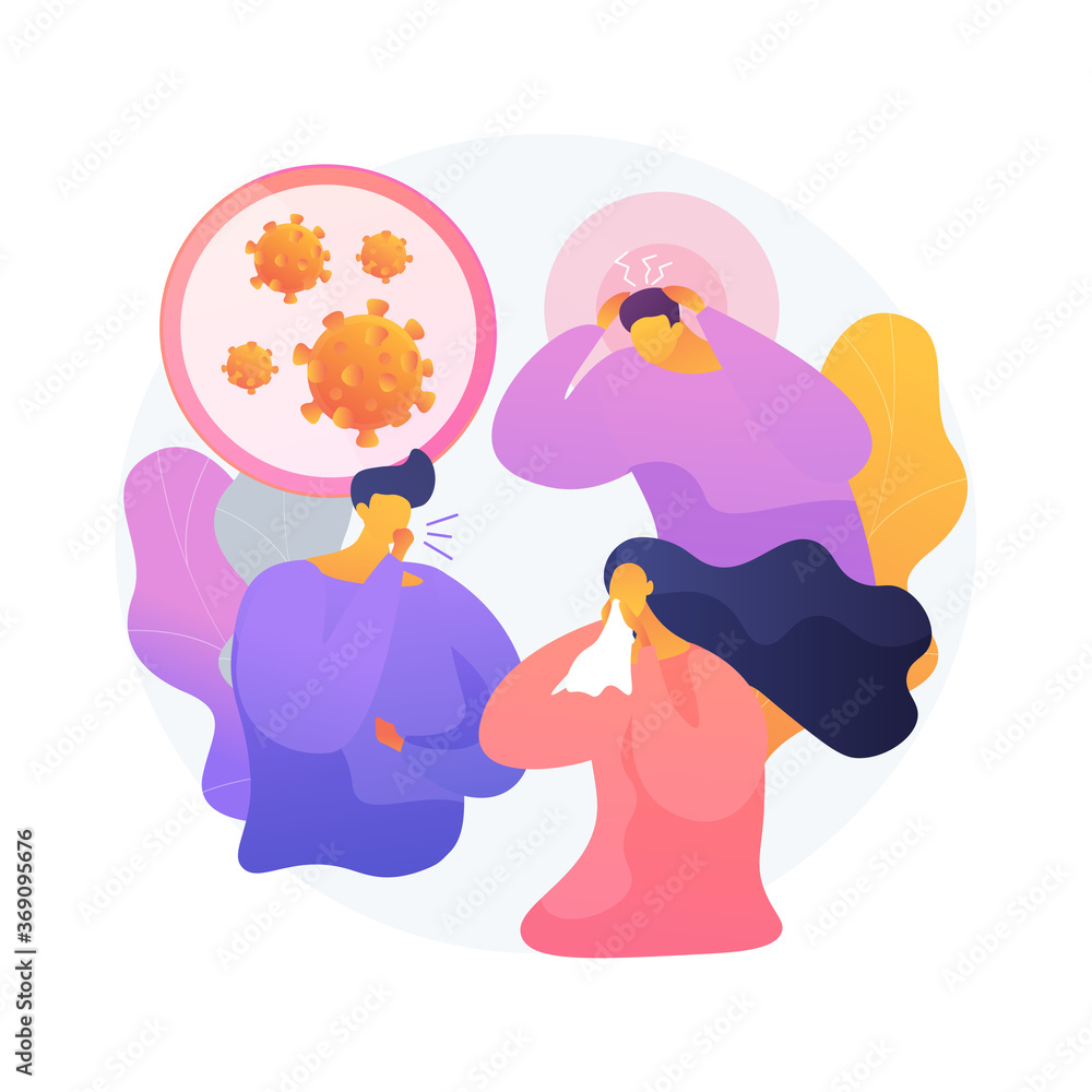 Coronavirus symptoms abstract concept vector illustration. Coronavirus test, most common symptoms, breathing problem, fever and cough, loss of taste or smell, severe state abstract metaphor. - obrazy, fototapety, plakaty 