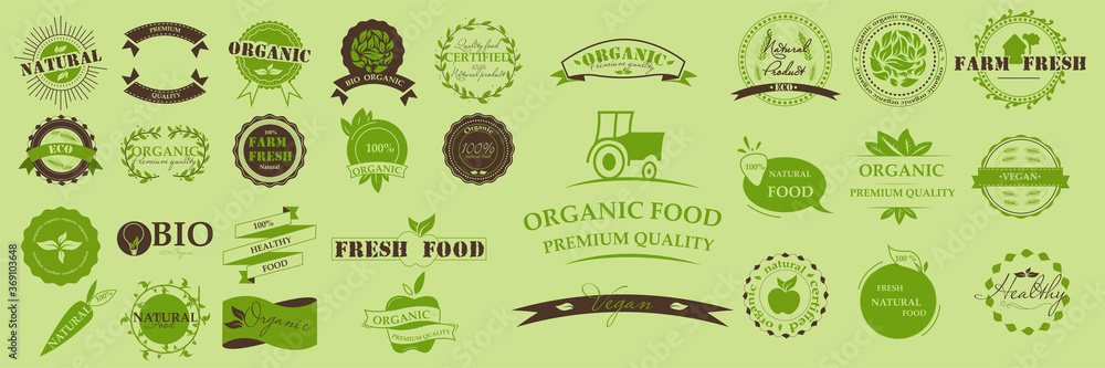 Organic food, farm fresh and 100% natural product, icons, eco, bio, organic,healthy, vegan  and elements collection for food market. Collection of emblem cafe, badges, tags, packaging. Vector - obrazy, fototapety, plakaty 