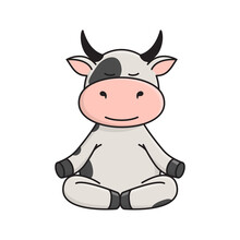 A Cute Spotted Bull Or Cow Is Sitting In The Lotus Position, Doing Yoga. The Ox Is A Symbol Of The New Year 2021 According To The Eastern Calendar. Vector Stock Flat Illustration Isolated On A White