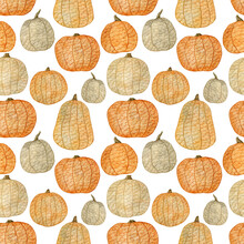 Watercolor Hand Painted Seamless Pattern With Halloween Pumpkins On White Backdrop