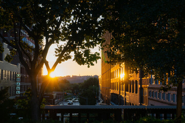 Sticker - A view from the High Line on the street with buildings in West side. Sunset over the city