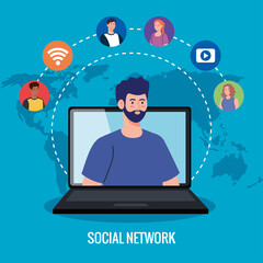 Poster - social network, people connected in laptop, interactive, communicate and global concept