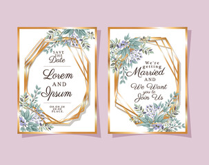 Wall Mural - Two wedding invitations with gold frames purple flowers and leaves design, Save the date and engagement theme Vector illustration