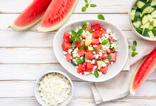Mediterranean Watermelon Salad With Feta Cheese, Cucumber And Mint Leaves