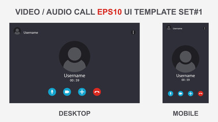 Online video call interface template with user icon. Vector UI screen. Online business webinar chat. Videocall screen mockup for learning conference. Flat online computer communication concept. SET1