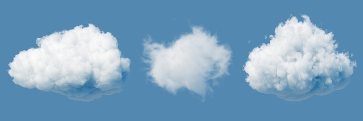 3d render. Abstract white clouds isolated on blue background. Weather forecast symbol. Cumulus clip art. Sky design elements set