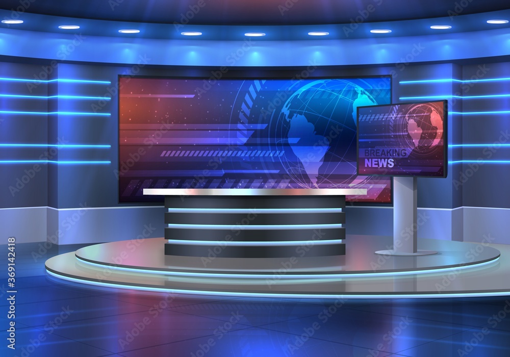 Studio interior for news broadcasting, vector empty placement with anchorman table on pedestal, digital screens for video presentation and neon glowing illumination. Realistic 3d breaking news studio - obrazy, fototapety, plakaty 