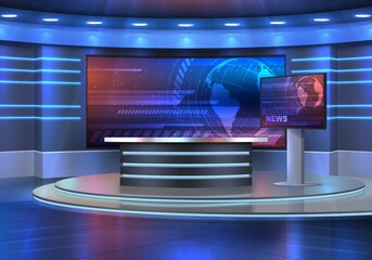 studio interior for news broadcasting, vector empty placement with anchorman table on pedestal, digi