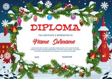 Kids Diploma Education, Christmas Gift Certificate With Fir-tree Frame Decorated With Garland, Baubles And Candy Canes, Falling Snowflakes On Winter Cityscape Background. Xmas Kids Diploma