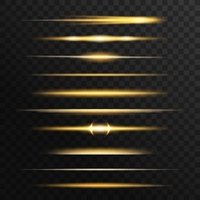 Golden And Yellow Light Flashes, Glow Vector Lines. Gold Glowing Illumination Of Sun Or Starlight Beams, Bursts And Sparkles. Isolated Horizontal Linear Rays, Shiny Explosion, Sunlight Twinkling Flash