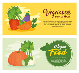 Sticker - set of banners with vegetables, concept vegan food, with fresh vegetables