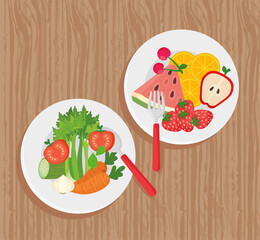 Sticker - healthy food, plates with vegetables and fruit on wooden background