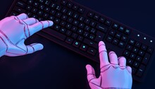 Robot Hands Typing On Keyboard.