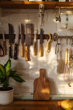 Kitchen utensils on knife magnetic rack