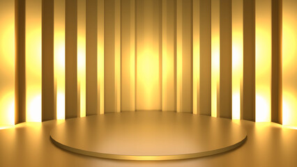 product display or showcase pedestal on gold background product template. 3D rendering