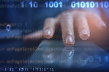 people using mobile phone with computer code for digital software technology development concept