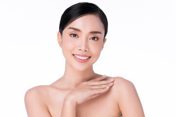 Beautiful Young asian Woman with Clean Fresh Skin on white background, Face care, Facial treatment, Cosmetology, beauty and spa, Asian women portrait