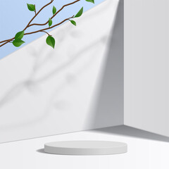Wall Mural - Cylinder white podium mock up in white background with leaves. product presentation, mock up, scene to show cosmetic product, Podium, stage pedestal or platform. simple clean design 3d vector