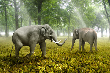 the elephant in the forest with sunny weather