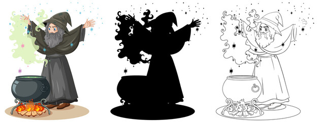 Wall Mural - Witch with black magic pot in color and outline and silhouette cartoon character isolated on white background