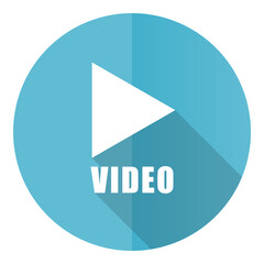 Aufkleber - Video vector icon, flat design blue round web button isolated on white background