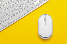 Modern Computer Mouse And Keyboard On Color Background