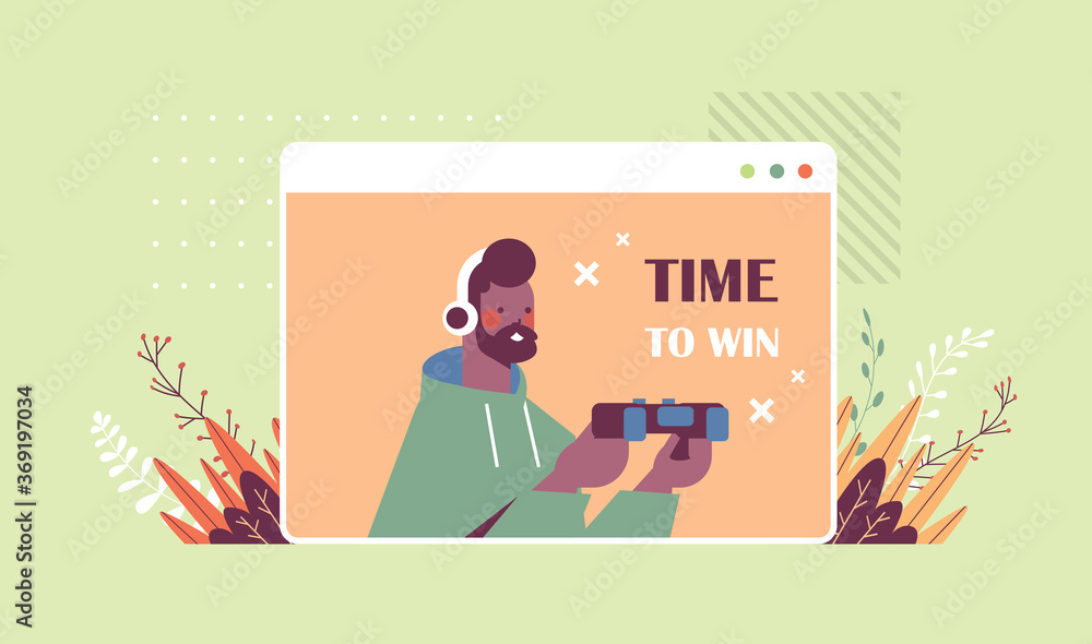young man in headphones playing video games african american guy having fun web browser window horizontal portrait vector illustration - obrazy, fototapety, plakaty 