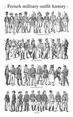 Wall Mural - French military outfit history timeline - collection of clothing style - vintage engraved vector illustration from Petit Larousse Illustré 1914