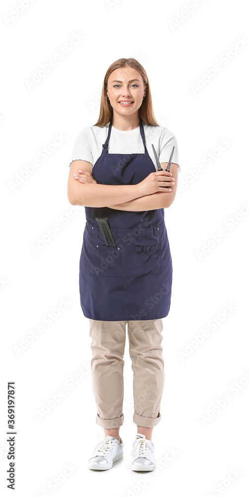 Female hairdresser on white background