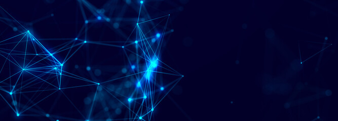 Fototapete - Abstract polygonal space with connecting dots and lines. Dark background. Connection structure. 3d Widescreen