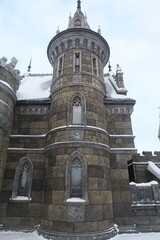 Wall Mural - Garibaldi Castle in village near Togliatti city, Samara region, Russia. Beautiful architecture in medieval gothic style. Togliatti landmark, monument, view, sight. Garibaldi Castle in snow winter