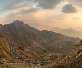 Views of traffic travelling along the zig zag road in Al Hada, Taif region of Saudi Arabia