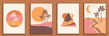 Abstract Landscape Poster Collection. Set Of Contemporary Art Print Templates. Nature Backgrounds For Your Social Media. Sunset And Sunrize, Beach And Palms Illustration.