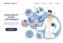 Multidisciplinary Hospital Banner, Online Healthcare Clinic, Visit Planner, First Aid Website Concept. Doctor Showing Online Clinic Departments: Nutrition, Therapy, Pediatrics, Analyzes, Psychology.