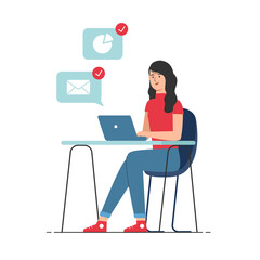 Woman in casual clothes sitting at desk and working on laptop