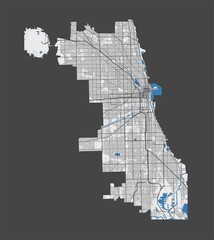 Wall Mural - Chicago map. Detailed map of Chicago city poster with streets, water.