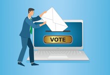 Man Voting Online, Computer. Concept With People With Different Orgins And Genders In Different Situations. Vector Illustration.