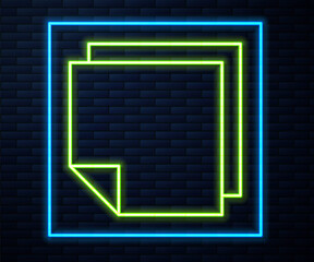 Sticker - Glowing neon line Post note stickers icon isolated on brick wall background. Sticky tapes with space for text or message. Vector Illustration.