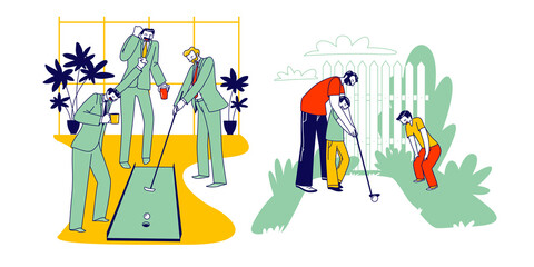 Men in Business Suit Playing Mini Golf in Office with Colleagues or Assistants. Family Characters Father with Children