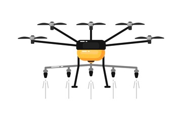 Wall Mural - Agriculture drone. Isolated light aircraft spraying chemicals front view. Vector drone spraying pesticides agricultural aviation icon. Agriculture equipment, farming technology