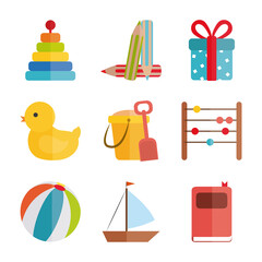 Sticker - cartoon toys pyramid duck ball boat, object for small children to play, flat style icons set