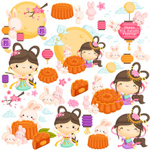 A Vector Set Of The Chinese Goddess And Mooncake With Some Rabbits Under The Moonlight