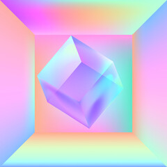 Wall Mural - empty room with floating translucent cube at the centre. surreal illustration in vibrant holographic