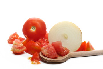 Wall Mural - Tomato and round onion slices, pieces with wooden spoon isolated on white background