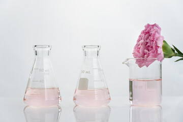 pink carnation flower with glass science beaker and flask in cosmetic laboratory background