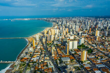 Skyline Of Fortaleza City Beach. Ceara, Brazil. Aerial View. 
